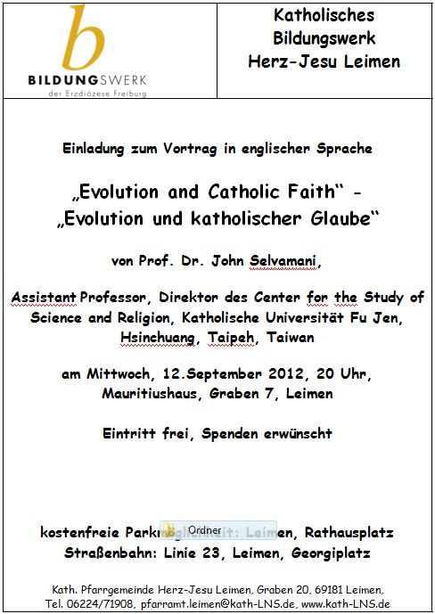 Mittwoch, 12. Sept. – Vortrag: „Evolution and Catholic Faith“