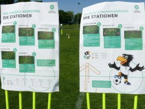 Infoplakate mit den Stationen zum DFB-Fußballabzeichen auf dem Sportplatz.
