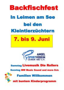 Plakat mit Informationen zum Backfischfest 2025 in Leimen, vom 7. bis 9. Juni mit Musik, Kinderprogramm und Familienangeboten